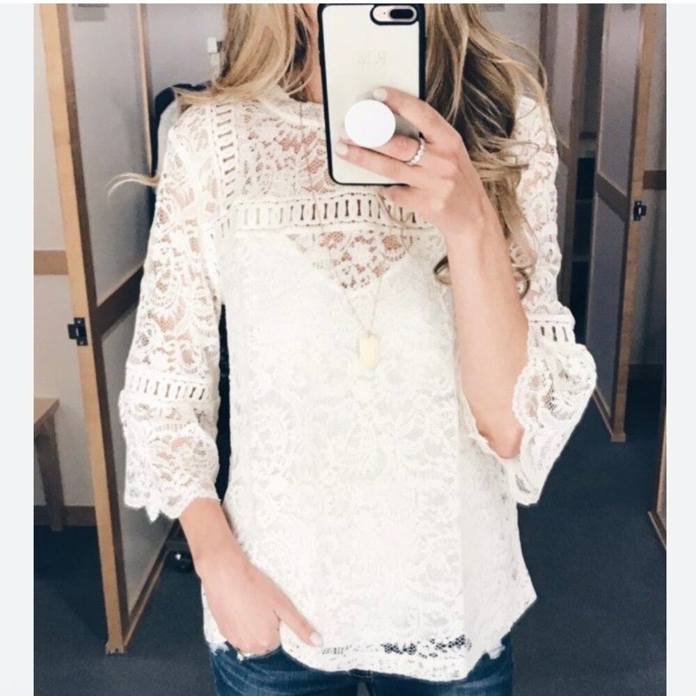 LOFT Cream Lace High Neck 3/4 Bell Sleeve Sheer Top